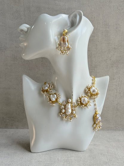 Ayura Designs Niamh Set with Tikka & Earrings - Baroque Pearl, Mother of Pearl & Crystals