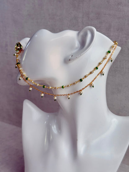Ayura Designs Fakira Nose Ring – Kundan-Style Detailing with Emerald & Pearl Chain