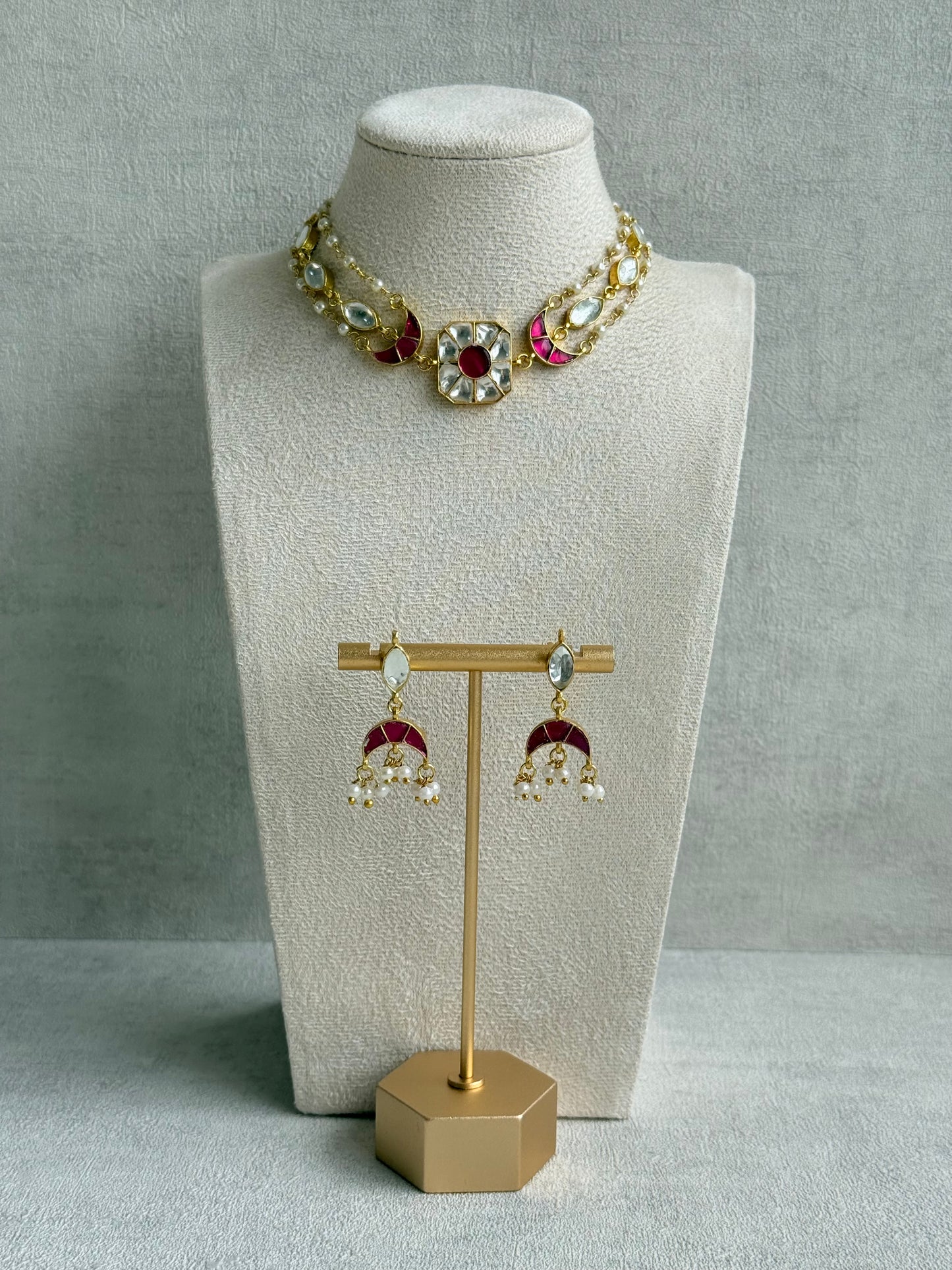 Ayura Designs Mahi Choker Set with Earrings – Meenakari Kundan Hot Pink & Ivory Detailing