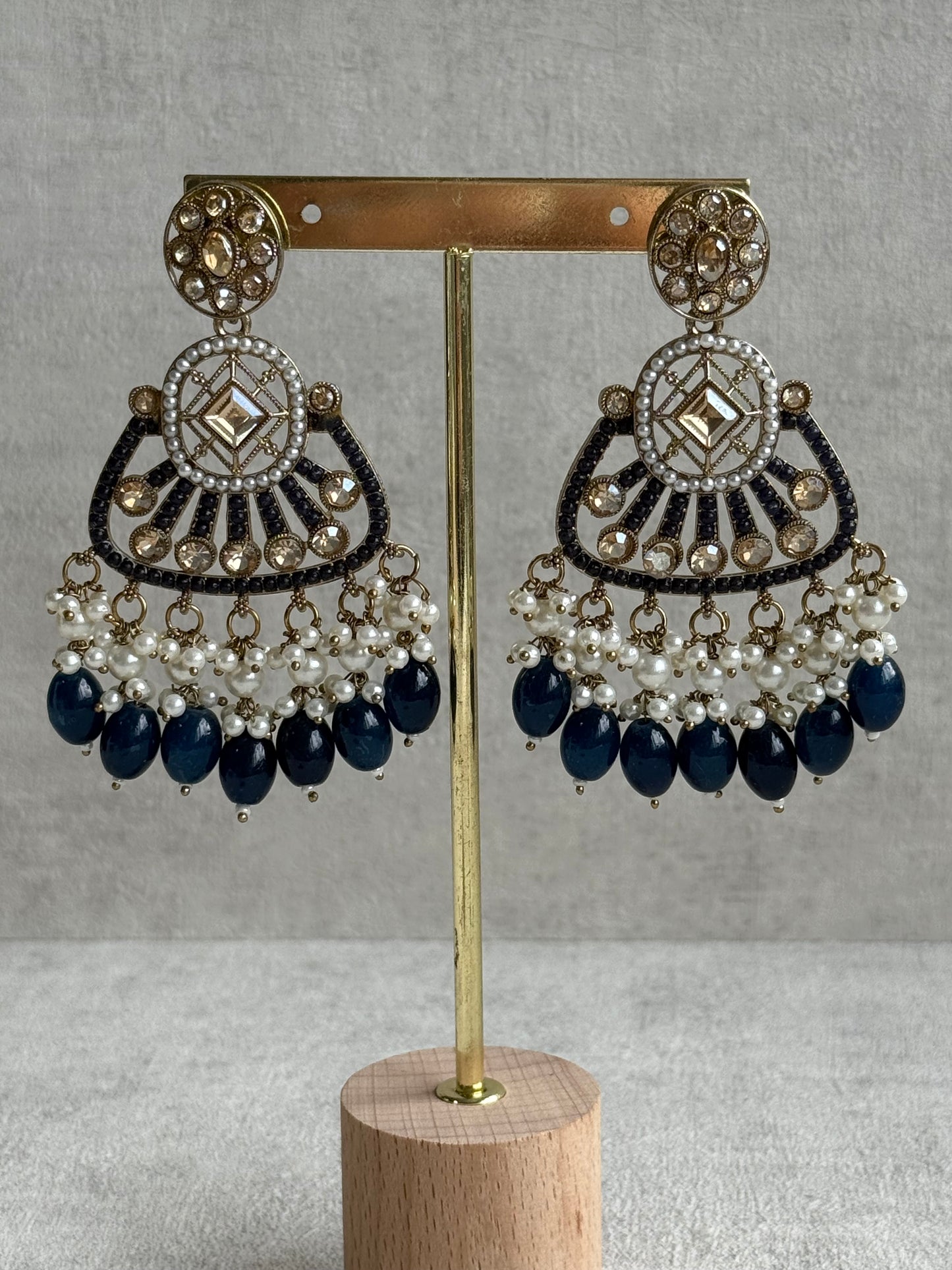 Ayura Designs Qudsia Set with Necklace, Earrings & Tikka – Navy Blue Stones, Kundan Detailing & Antique Gold Finish