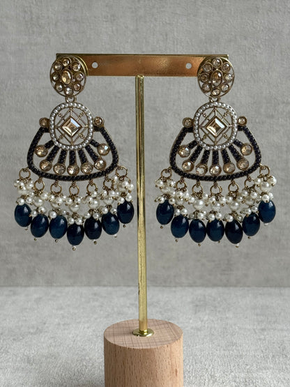 Ayura Designs Qudsia Set with Necklace, Earrings & Tikka – Navy Blue Stones, Kundan Detailing & Antique Gold Finish