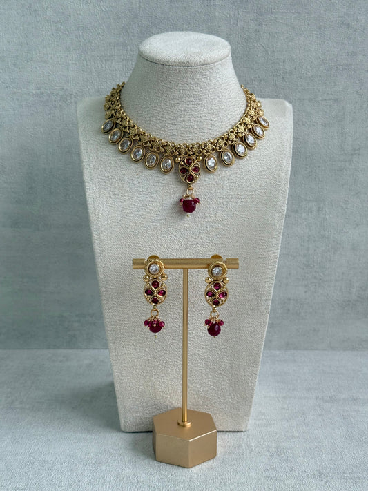 Ayura Designs Perniya Set with Necklace & Earrings – Mirror-Cut Stones with Rani Pink Accents in Antique Gold Finish