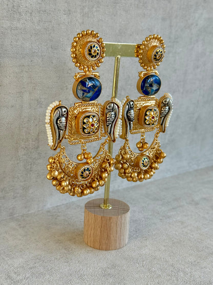 Ayura Designs Soha Earrings – Antique Gold with Midnight Blue Stone & Oxidised Parrots