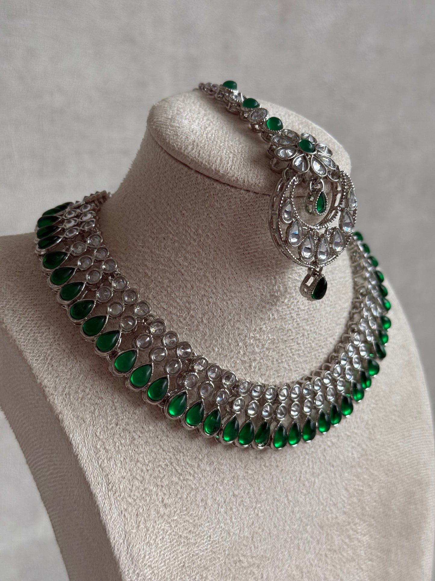 Ayura Designs Qirat Set with Earrings & Tikka – Soft Lilac Stones, Mirror-Cut Detailing & Silver Finish