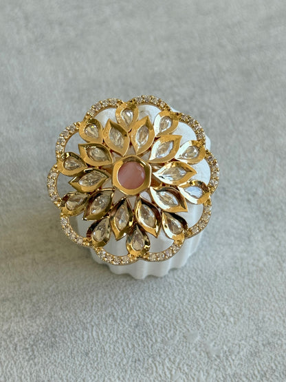 Ayura Designs Elisa Adjustable Ring – Moissanite Floral Ring with Blush Pink Centre & Crystal Border