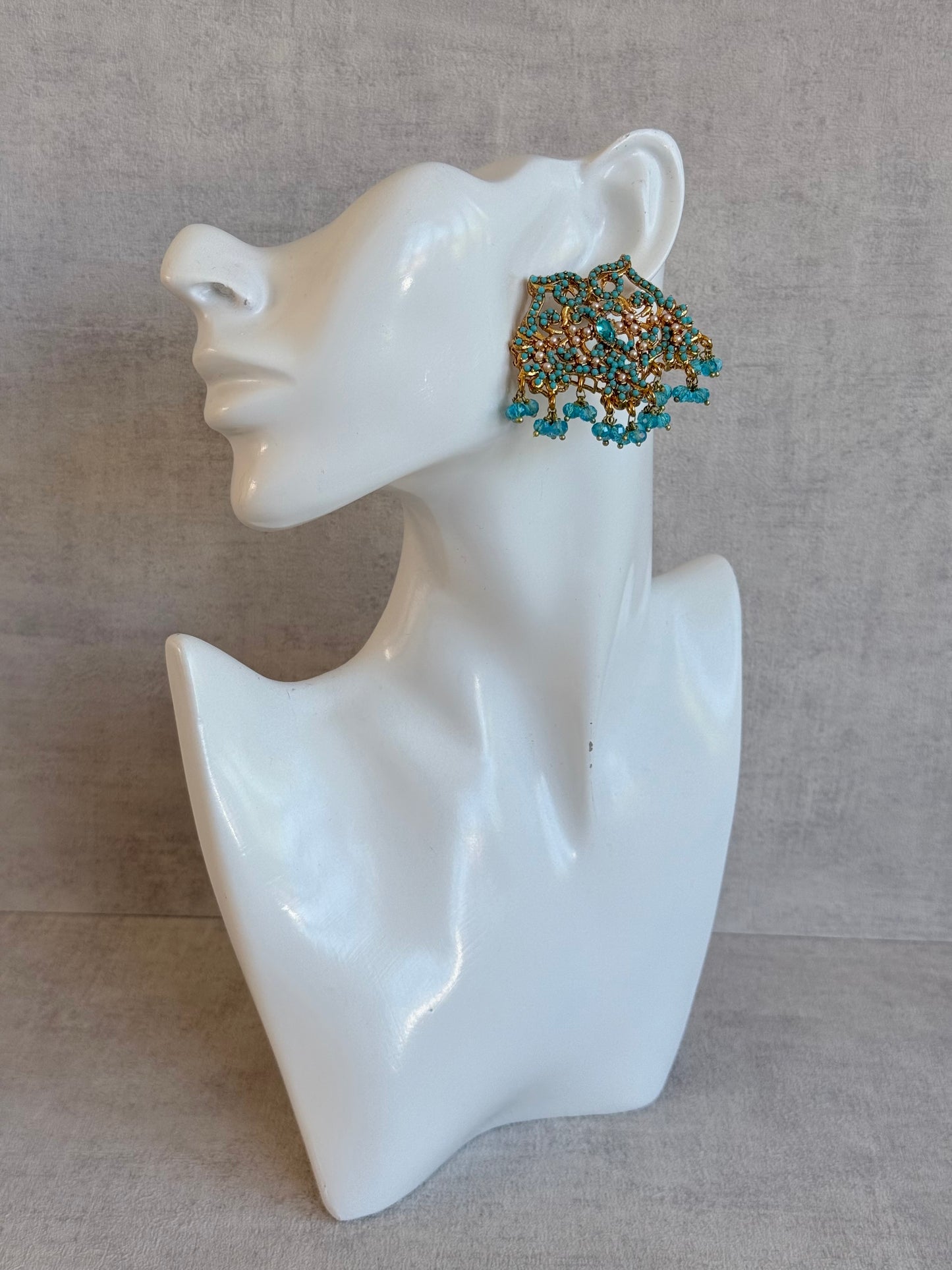 Ayura Designs Shanza Earrings – Turquoise Beaded Statement Earrings with Pearl Detailing & Crystal Drops