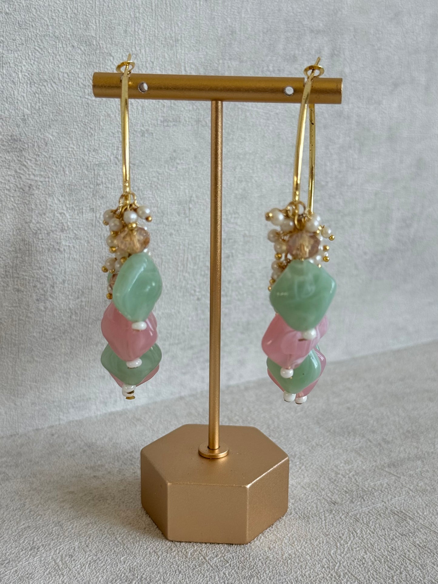 Ayura Designs Heer Balis – Gold Hoops with Mint & Blush Marble Beads, Pearls & Crystal Detailing