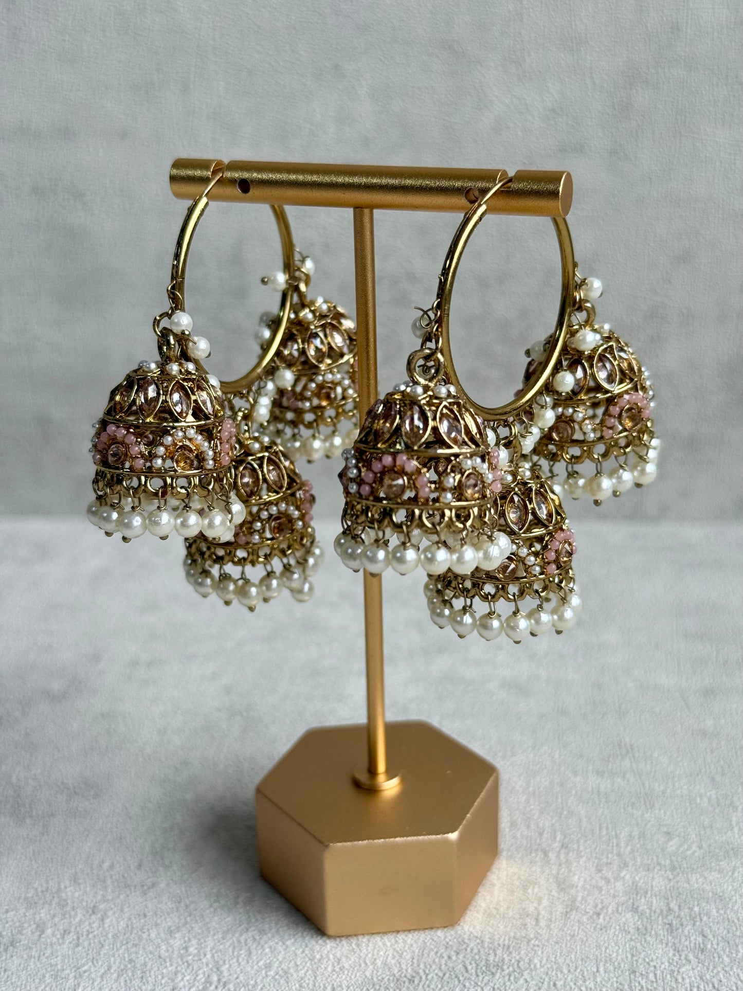 Ayura Designs Nakhra Balis – Blush Pink Triple Dome Earrings with Mirror-Cut Stones & Pearl Detailing