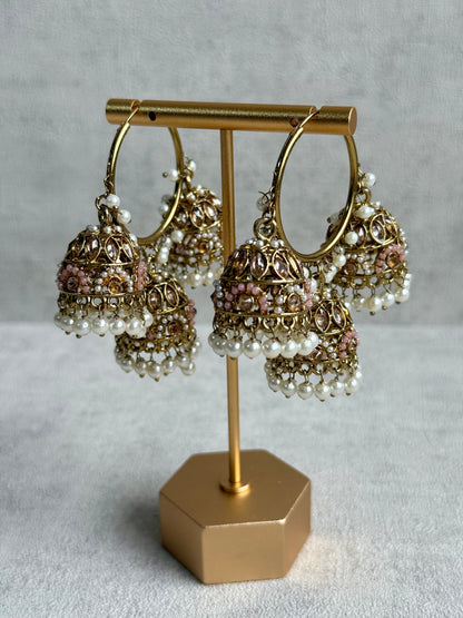 Ayura Designs Nakhra Balis – Blush Pink Triple Dome Earrings with Mirror-Cut Stones & Pearl Detailing