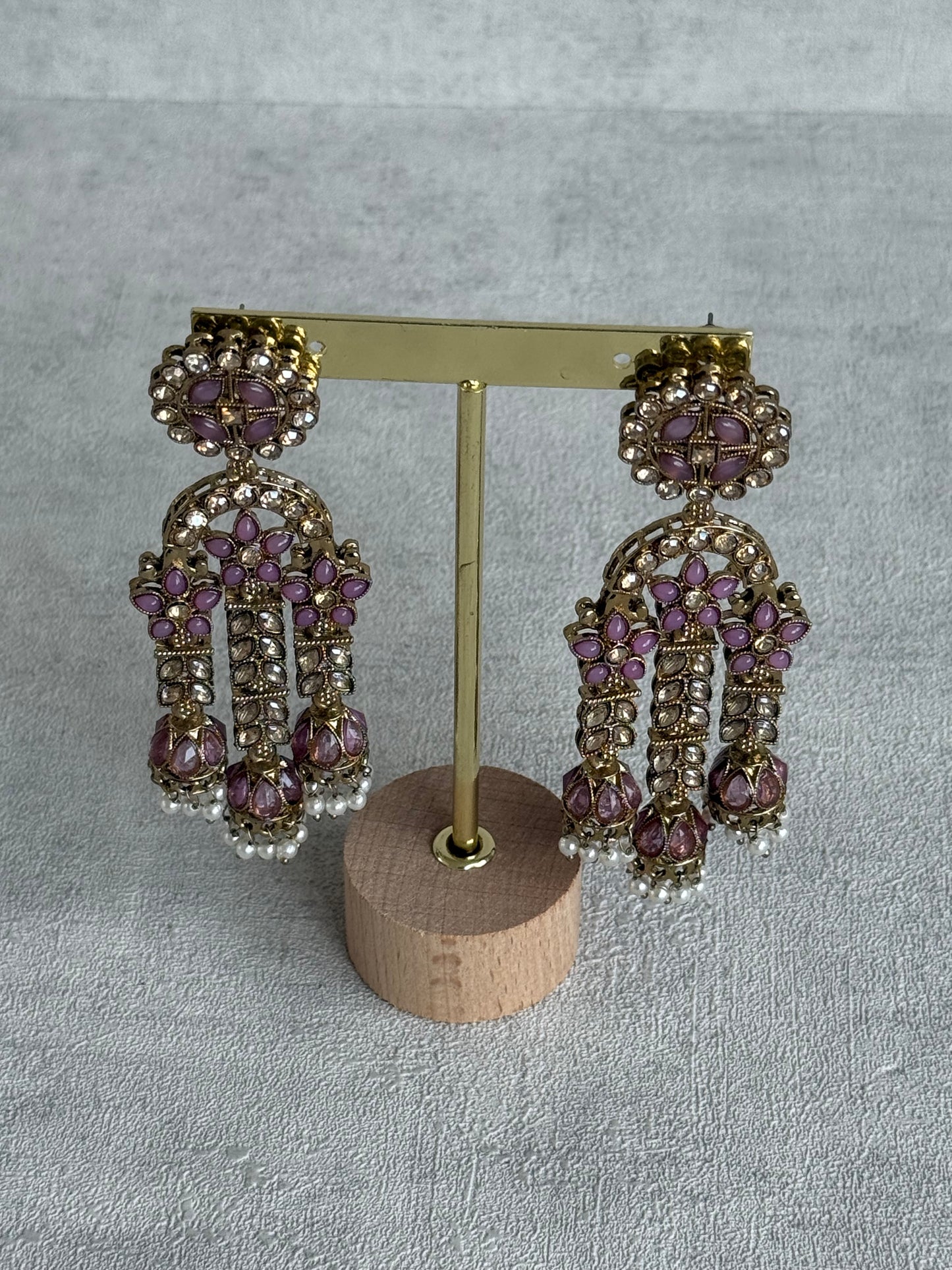 Ayura Designs Soraya Earrings – Lilac Stones, Champagne Crystals, Pearl Detailing & Gold Finish