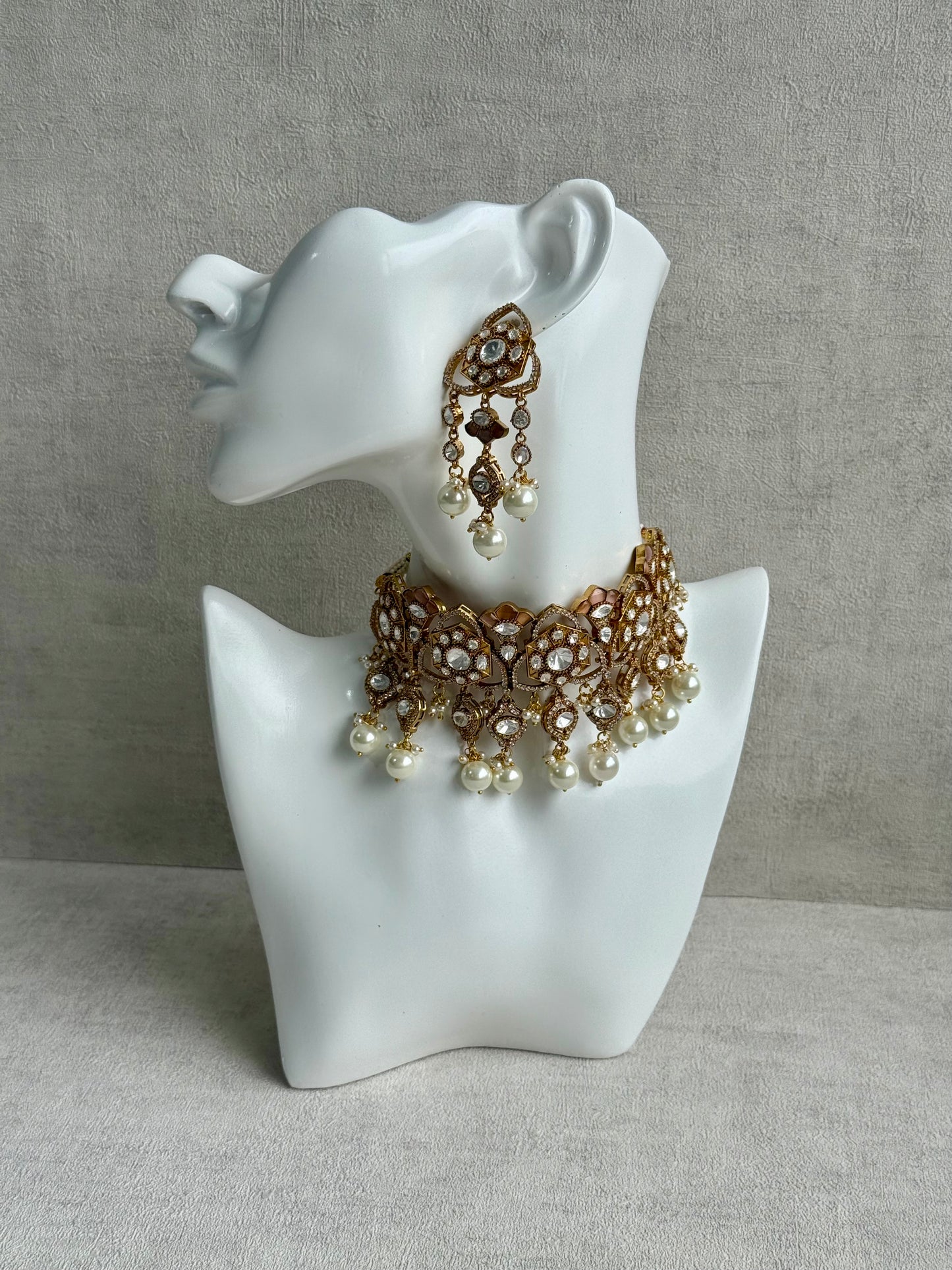 Ayura Designs Serina Choker Set with Earrings – Nude Blush Enamel, Mirror-Cut Stones & Pearl Drops