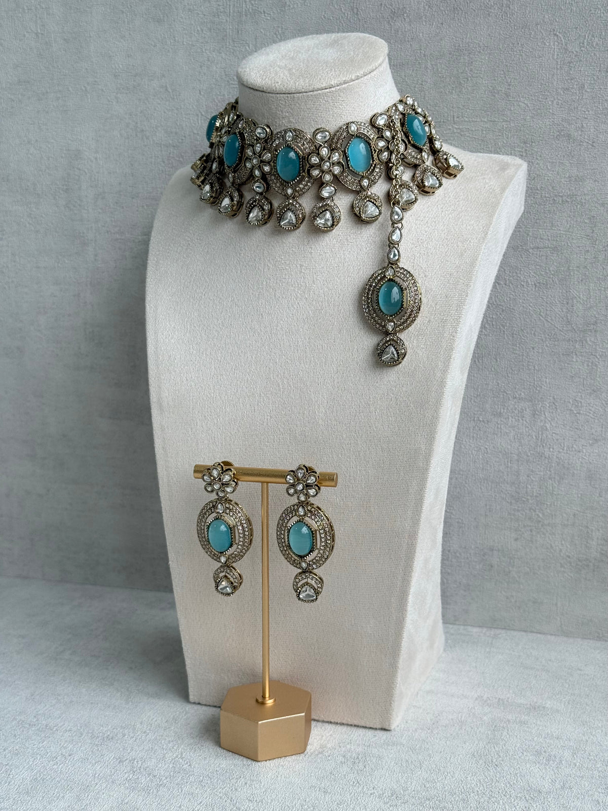 Ayura Designs Emanya Choker Set – Choker, Earrings & Tikka with Mirror-Cut Stones, Turquoise Blue & Antique Gold Detailing