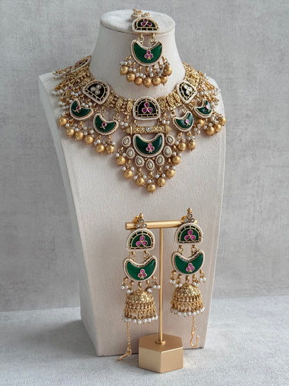 Ayura Designs Tafiza Necklace Set with Sahare Jhumki Earrings & Tikka – Emerald Green, Rani Pink, Kundan, Pearls & Antique Gold Finish
