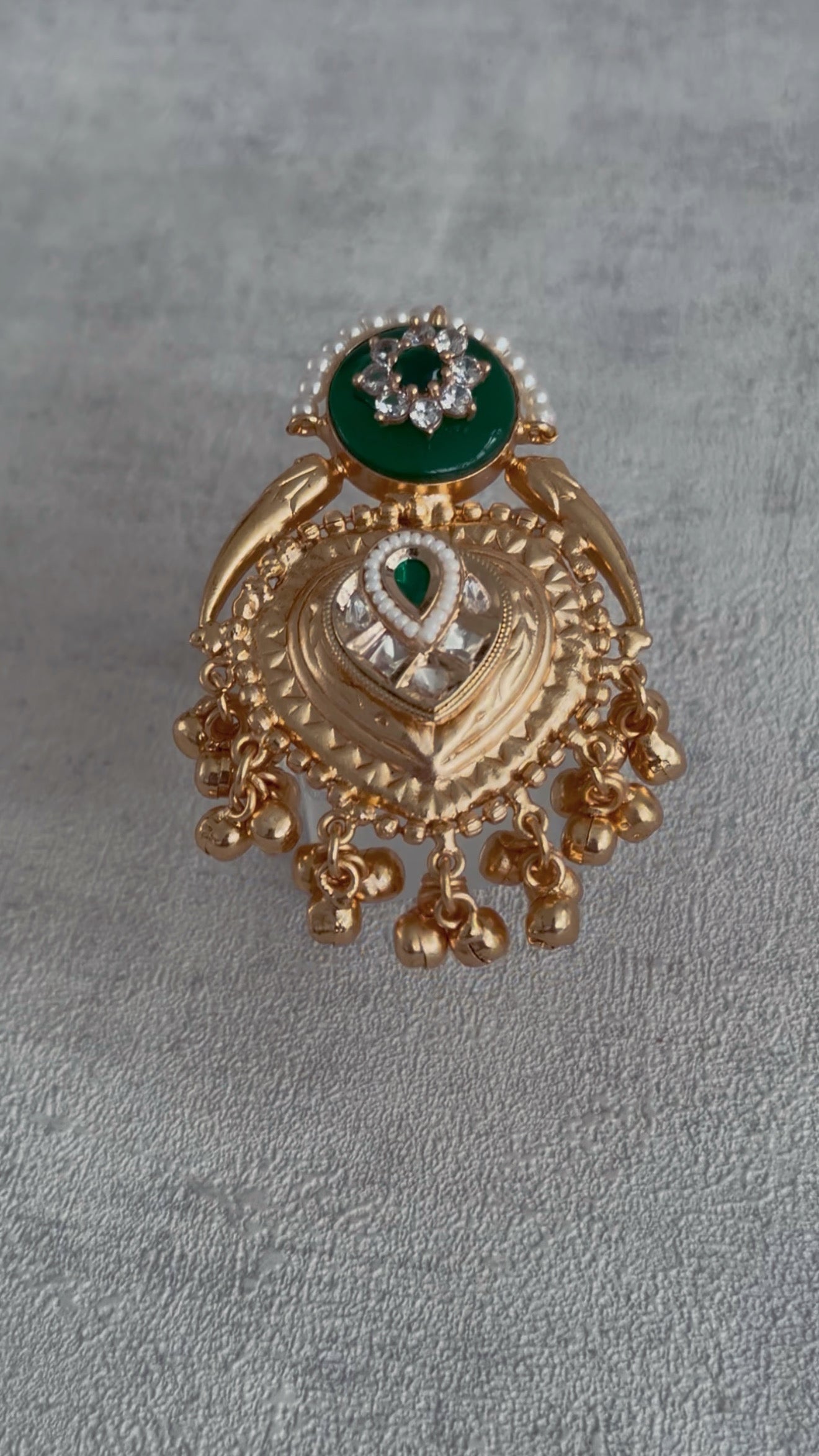 Ayura Designs Sorcha Adjustable Ring – Emerald Green Enamel, Pearl Detailing, Antique Gold & Mirror-Cut Stones