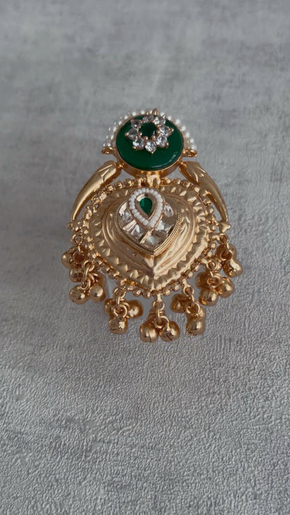 Ayura Designs Sorcha Adjustable Ring – Emerald Green Enamel, Pearl Detailing, Antique Gold & Mirror-Cut Stones