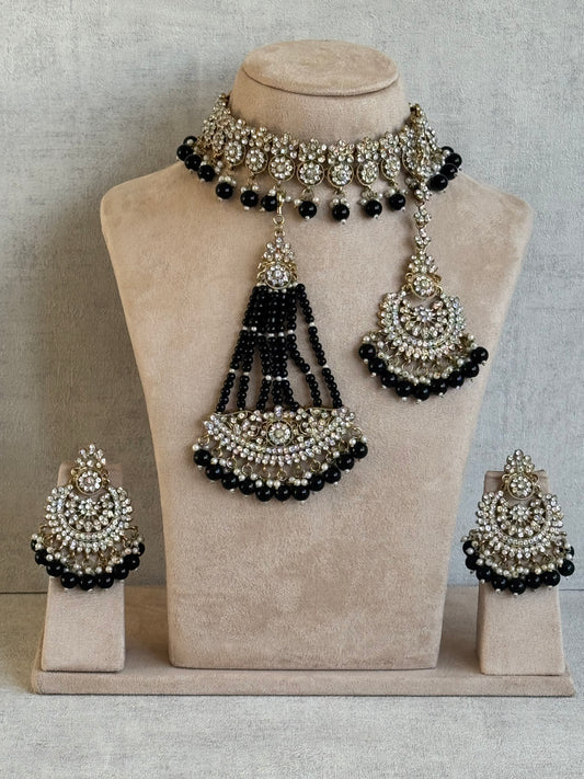 Ayura Designs Mahtab Choker Set with Earrings, Tikka & Passa – Mirror-Cut Polki & Black Beads, Regal Jadau Style