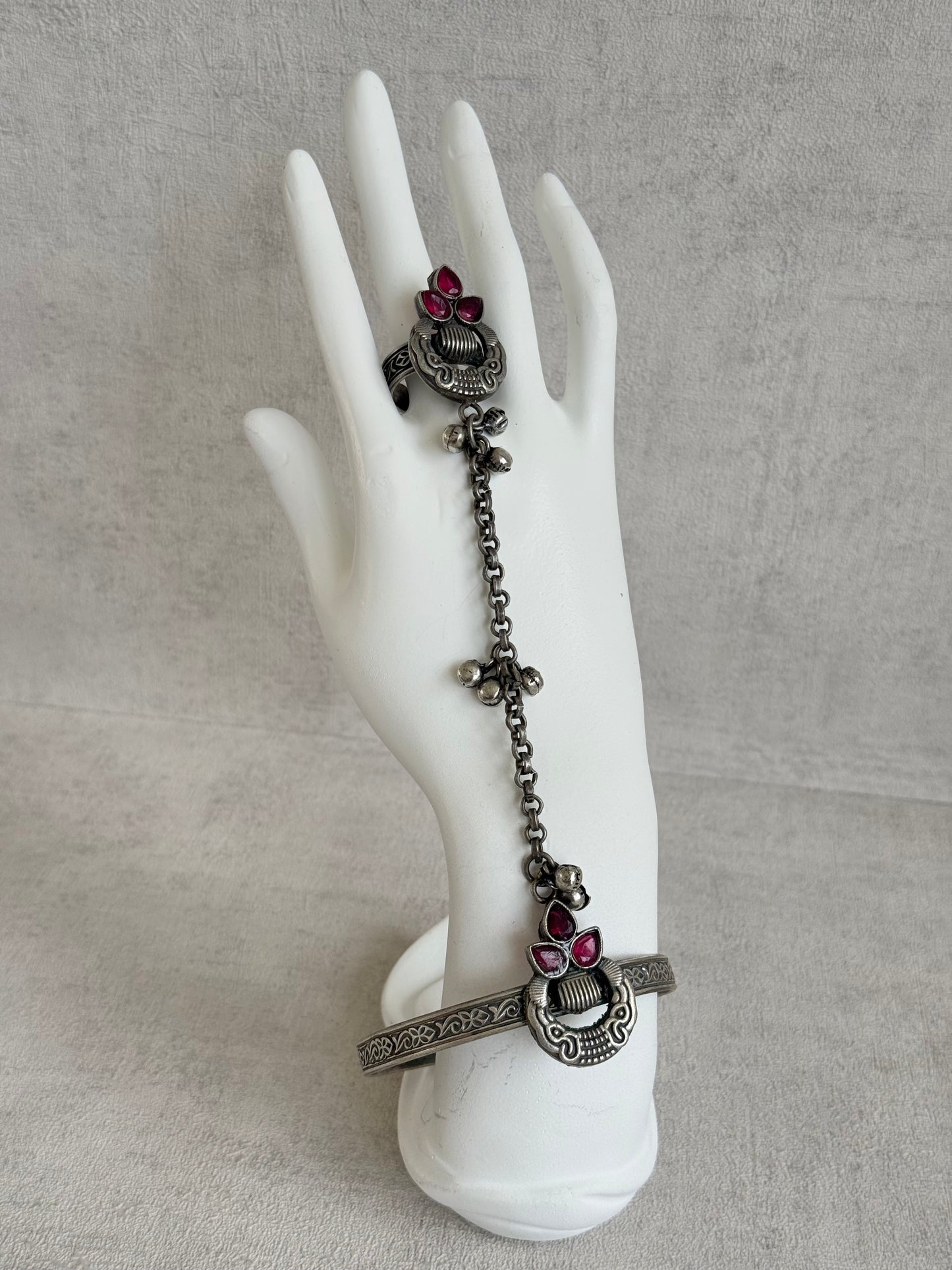 Ayura Designs Ishaana Haathphool Set of 2 – Oxidised Silver Hand Harness with Ruby Pink Stones & Ghungroo Detailing