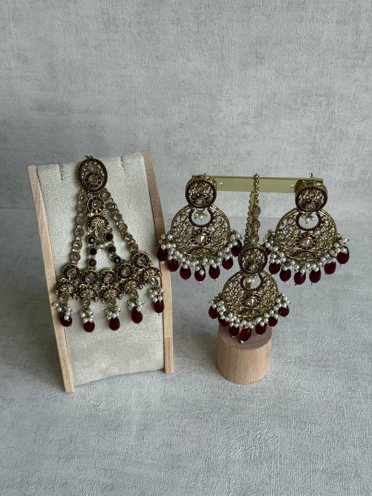 Ayura Designs Almas Tikka Set with Earrings, Tikka & Sahara – Deep Maroon Beads & Antique Gold Finish