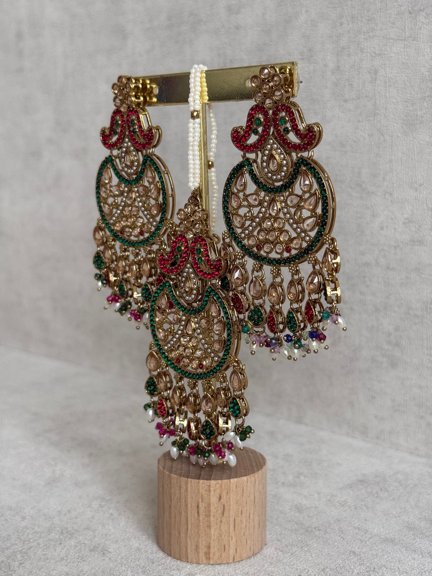 Ayura Designs Anvi Tikka Set with Earrings – Ruby Red & Emerald Green with Champagne Stones