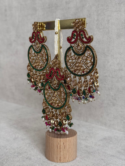 Ayura Designs Anvi Tikka Set with Earrings – Ruby Red & Emerald Green with Champagne Stones