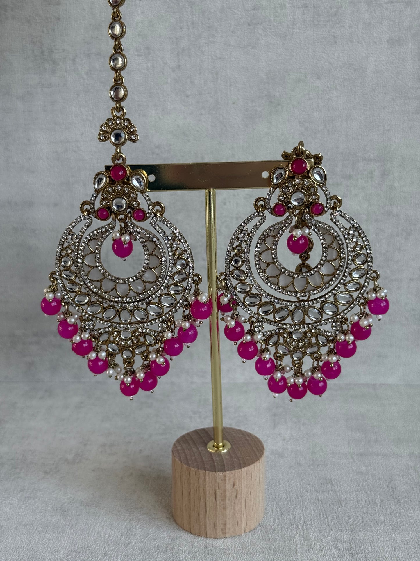 Ayura Designs Rabia Chandbalis – Antique Gold Kundan Earrings with Fuchsia Beads, Pearls & Attached Sahare