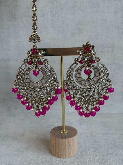 Ayura Designs Rabia Chandbalis – Antique Gold Kundan Earrings with Fuchsia Beads, Pearls & Attached Sahare