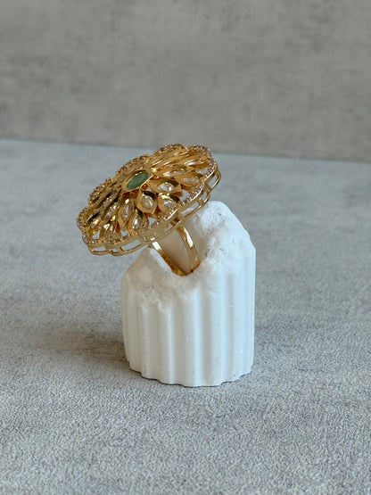 Ayura Designs Elisa Adjustable Ring – Moissanite Floral Ring with Mint Green Centre & Crystal Border