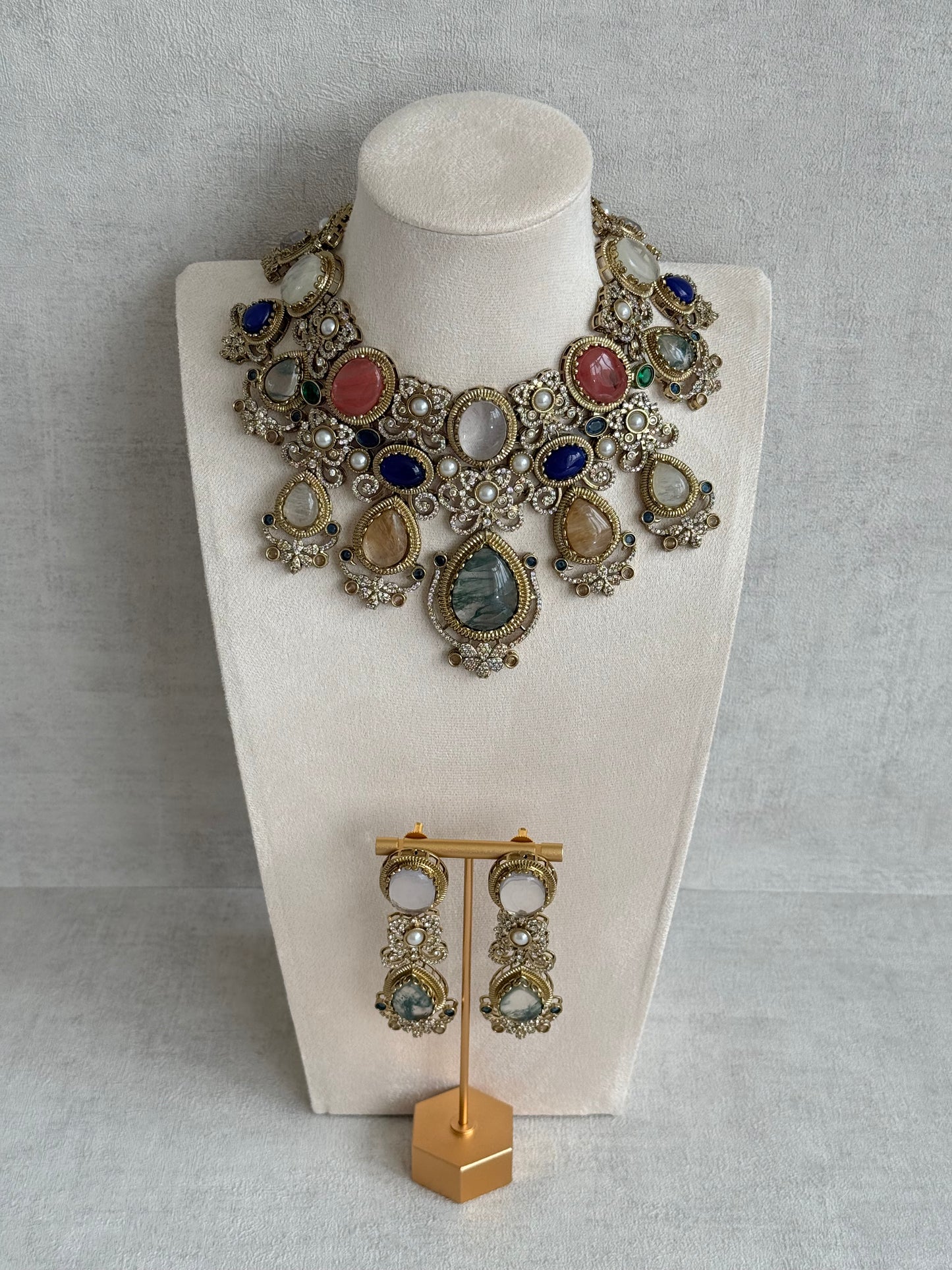 Ayura Designs Kimmy Necklace Set with Earrings – Statement Multicolour Necklace with Marble Stone Details & Crystal Work