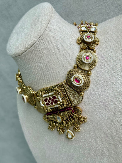 Ayura Designs Purvi Set – Necklace & Earrings with Antique Gold Filigree, Fuchsia Pink & Pearl Detailing