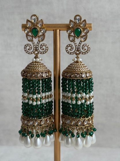 Ayura Designs Sage Earrings – Statement Jhumkis with Mirror-Cut Stones, Pearl Drops & Emerald Green Beads