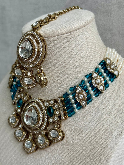 Ayura Designs Rahi Necklace Set with Earrings & Tikka – Teal Blue Stones with Mirror-Cut Detailing & Pearl Strands