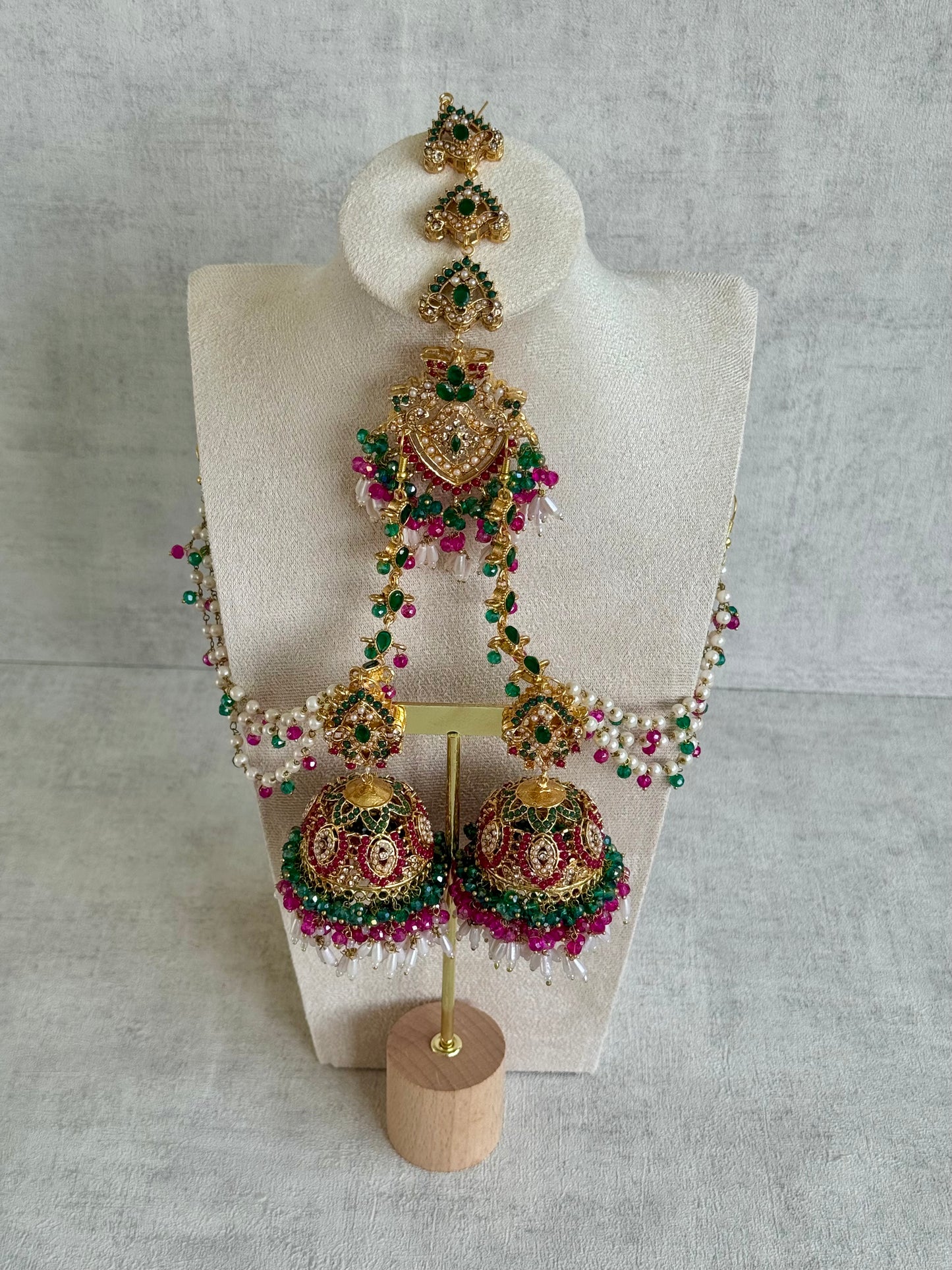 Ayura Designs Safia Tikka Set with Sahare Earrings – Multicolour (Emerald Green, Hot Pink & Ivory Beads)