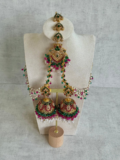 Ayura Designs Safia Tikka Set with Sahare Earrings – Multicolour (Emerald Green, Hot Pink & Ivory Beads)