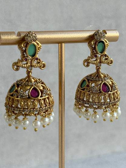 Ayura Designs Ehla Jhumkis – Gold Peacock Design with Green & Ruby Pink Stones, Crystals & Pearl Drops