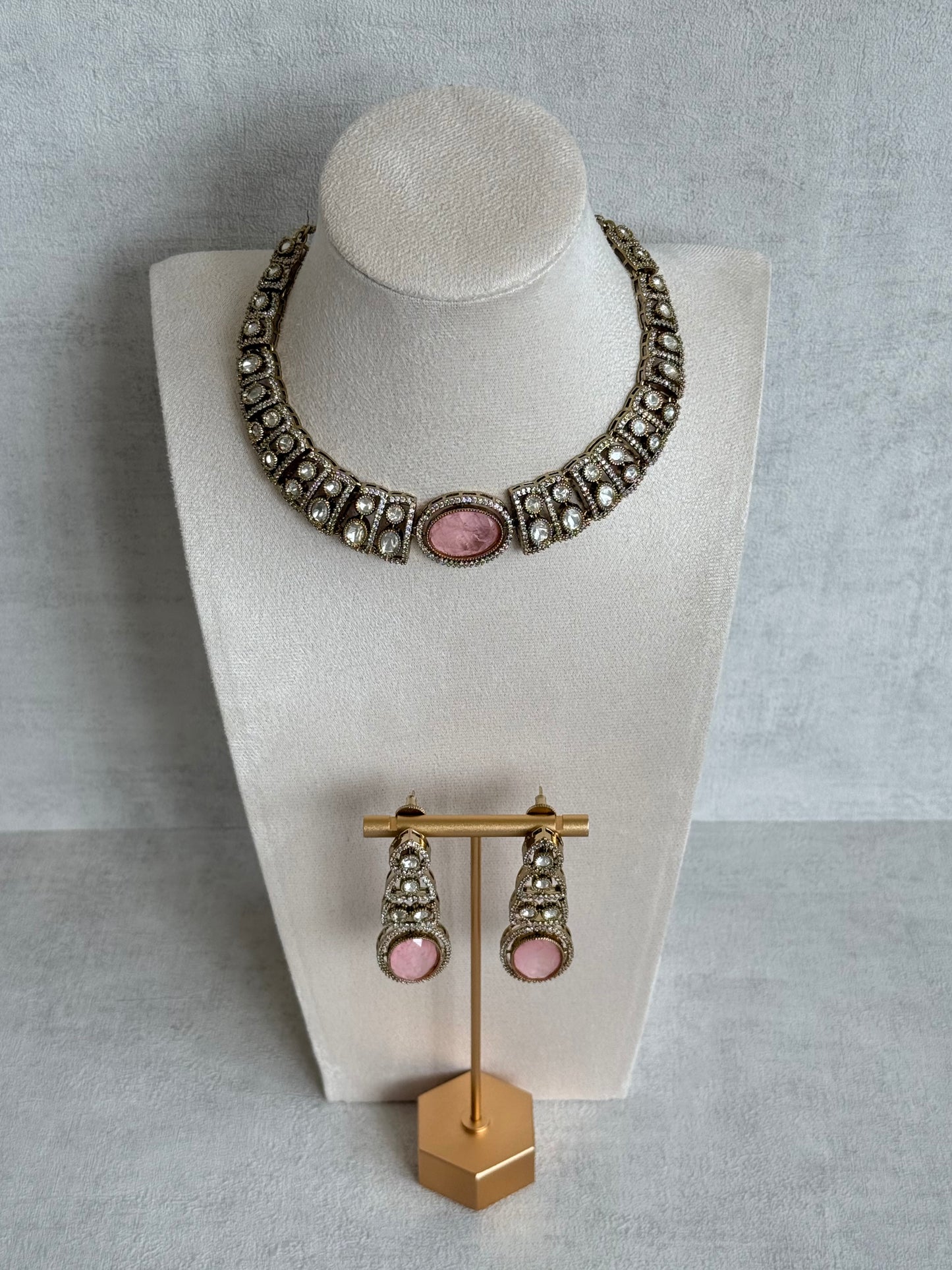 Ayura Designs Sadie Necklace Set with Earrings – Blush Pink Centre Stone, Moissanite Style Stones & Crystal Halo Detailing
