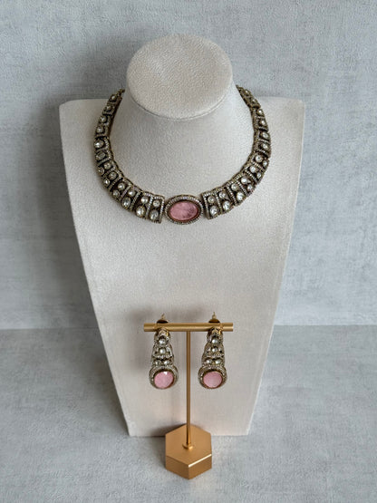 Ayura Designs Sadie Necklace Set with Earrings – Blush Pink Centre Stone, Moissanite Style Stones & Crystal Halo Detailing