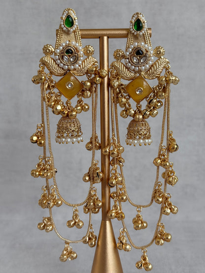 Ayura Designs Simal Earrings – Kashmiri Earrings with Amber Stone, Multicoloured Detailing, Layered Ghungroo Chains & Jhumkis
