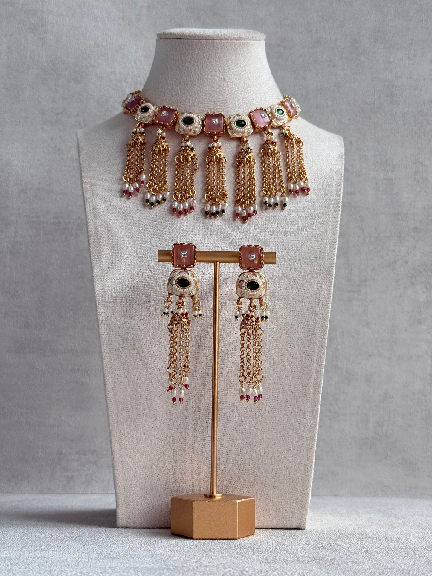 Ayura Designs Thansi Necklace Set with Earrings – Pink & Green Stones, Enamel Detailing, Chains with Pearl Drops & Gold Finish