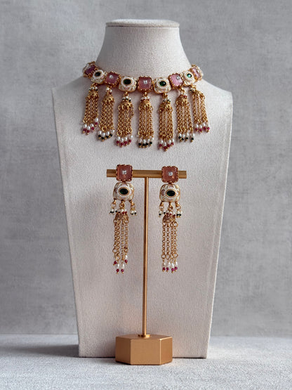 Ayura Designs Thansi Necklace Set with Earrings – Pink & Green Stones, Enamel Detailing, Chains with Pearl Drops & Gold Finish