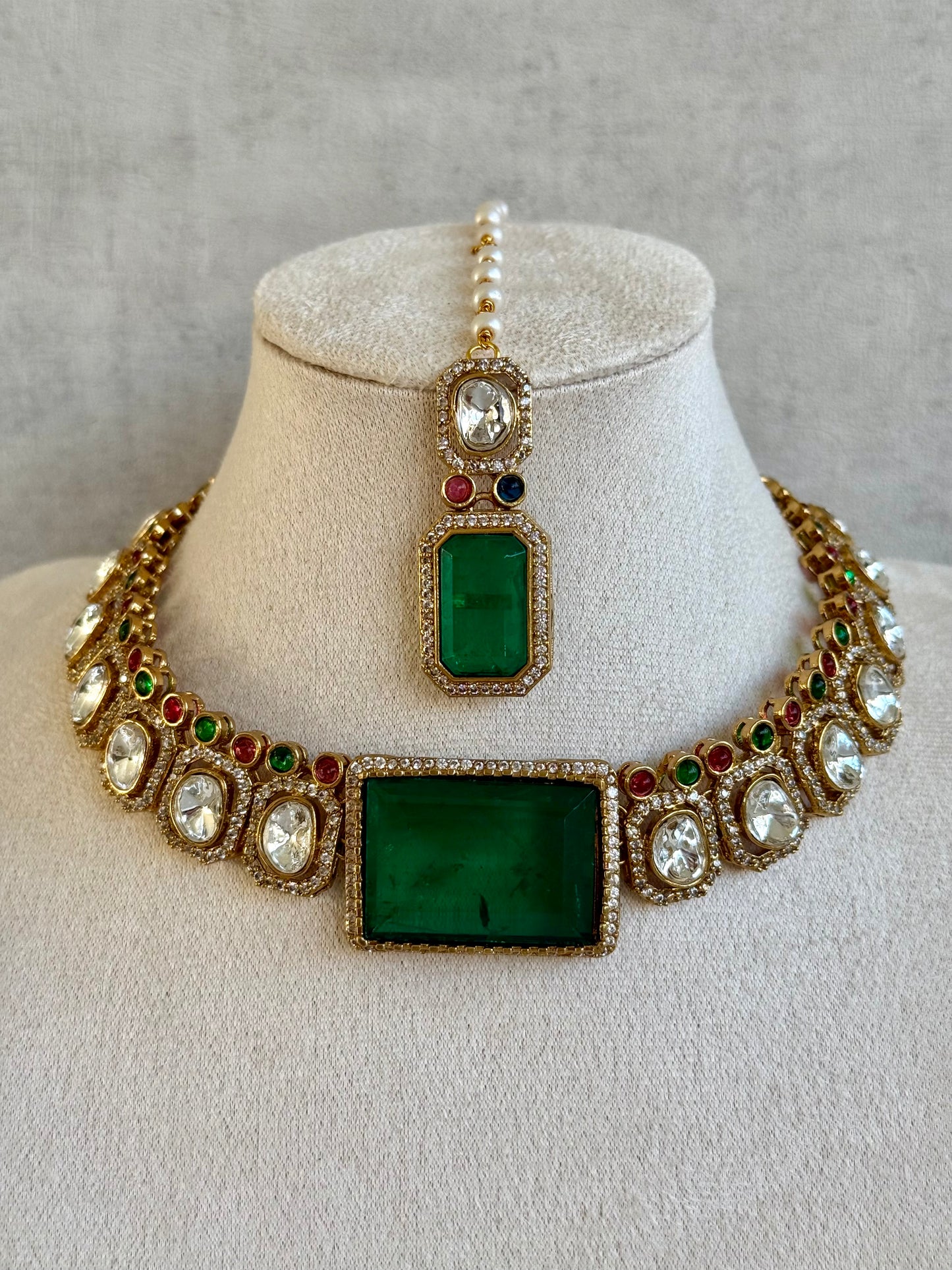 Ayura Designs Clara Set with Earrings & Tikka Emerald Green Moissanite Stones and Antique Gold Finish
