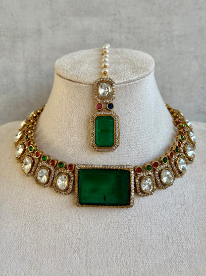 Ayura Designs Clara Set with Earrings & Tikka Emerald Green Moissanite Stones and Antique Gold Finish