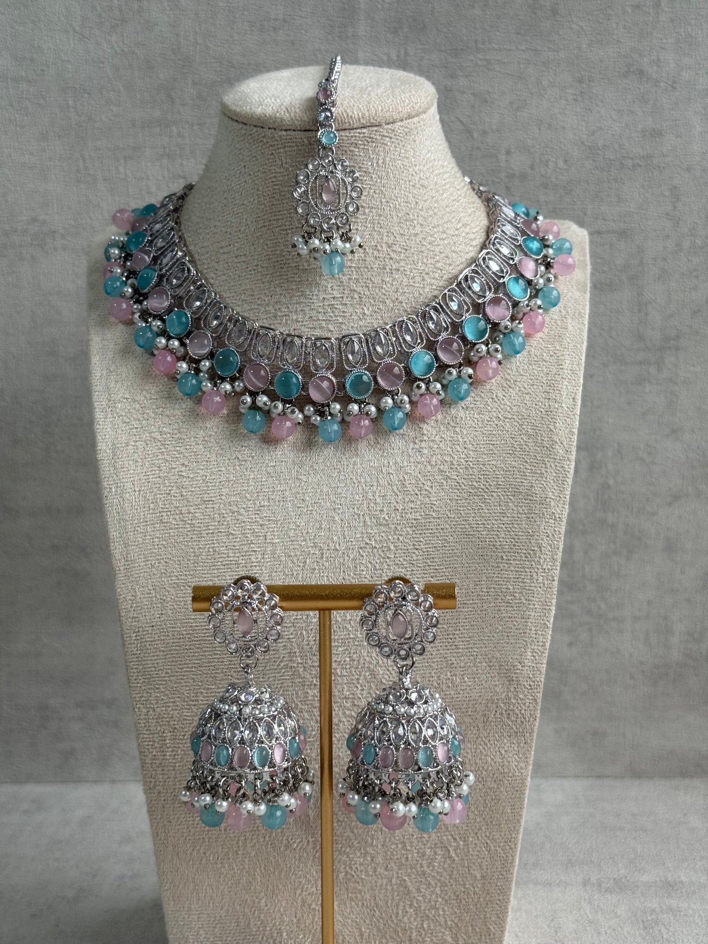 Ayura Designs Rayal Set – Silver Necklace, Jhumkis & Tikka with Aqua Blue, Blush Pink & Pearl Detailing