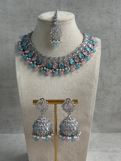 Ayura Designs Rayal Set – Silver Necklace, Jhumkis & Tikka with Aqua Blue, Blush Pink & Pearl Detailing