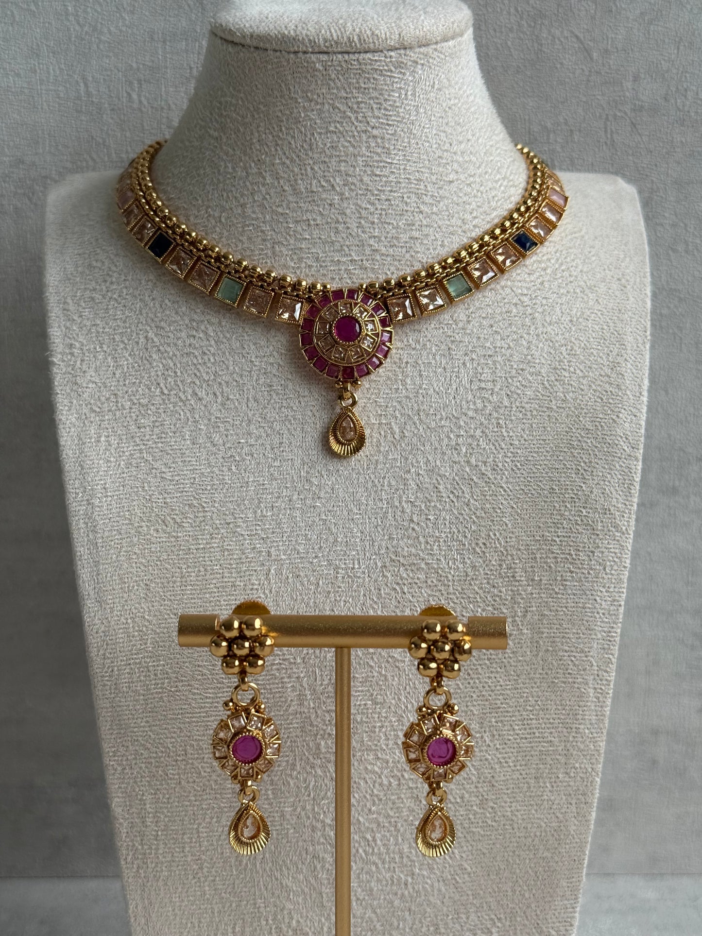 Ayura Designs Nithya Set – Gold Necklace & Earrings with Multicolour Stones and Ruby Centre