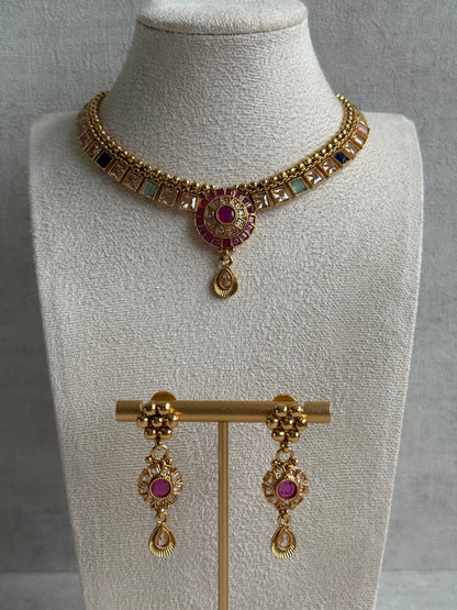 Ayura Designs Nithya Set – Gold Necklace & Earrings with Multicolour Stones and Ruby Centre