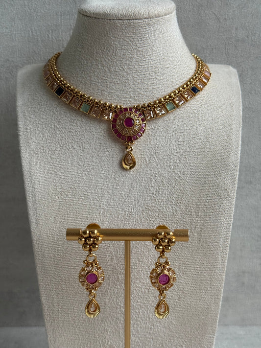 Ayura Designs Nithya Set – Gold Necklace & Earrings with Multicolour Stones and Ruby Centre