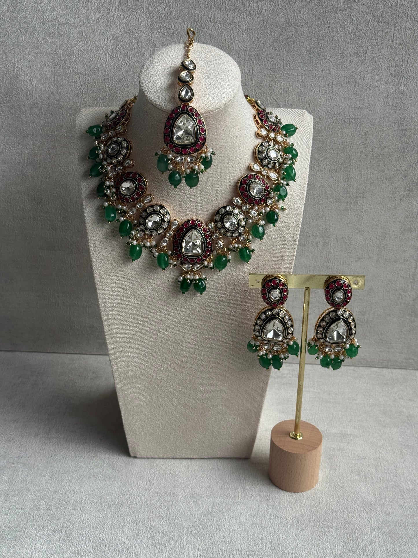 Ayura Designs Amaya Set with Necklace, Earrings & Tikka – Mirror-Cut Polki, Ruby Meenakari & Emerald Green Beads