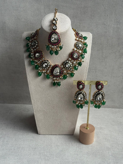 Ayura Designs Amaya Set with Necklace, Earrings & Tikka – Mirror-Cut Polki, Ruby Meenakari & Emerald Green Beads