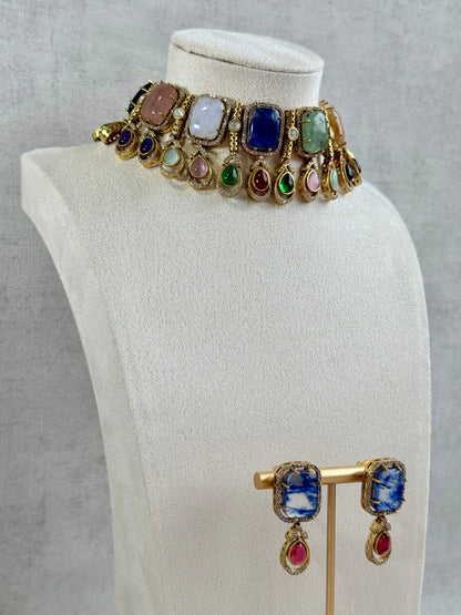 Ayura Designs Adelaide Necklace Set with Earrings – Multicolour Moissanite with Blue Stone Drop Earrings