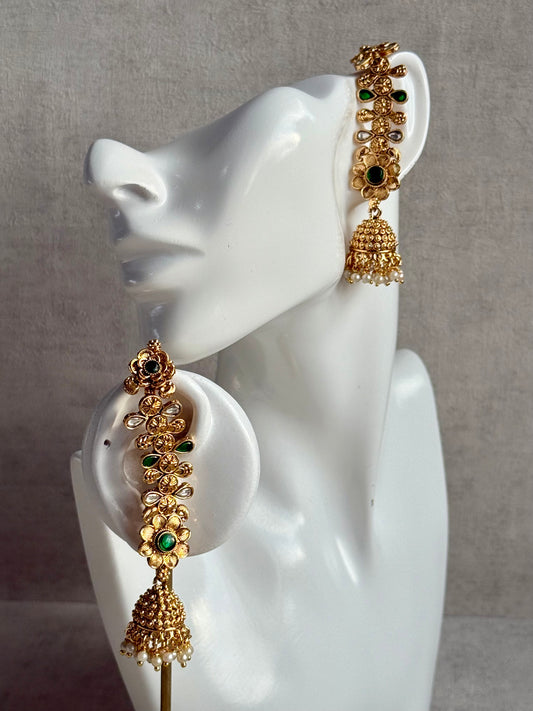 Ayura Designs Keerti Jhumkis – Antique Gold Kannauti Earrings with Emerald Green Stones, Mirror-Cut Detailing & Pearl Drops